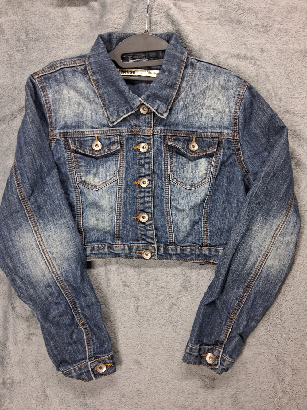Dollhouse Distressed Cropped Denim Jacket - Blue